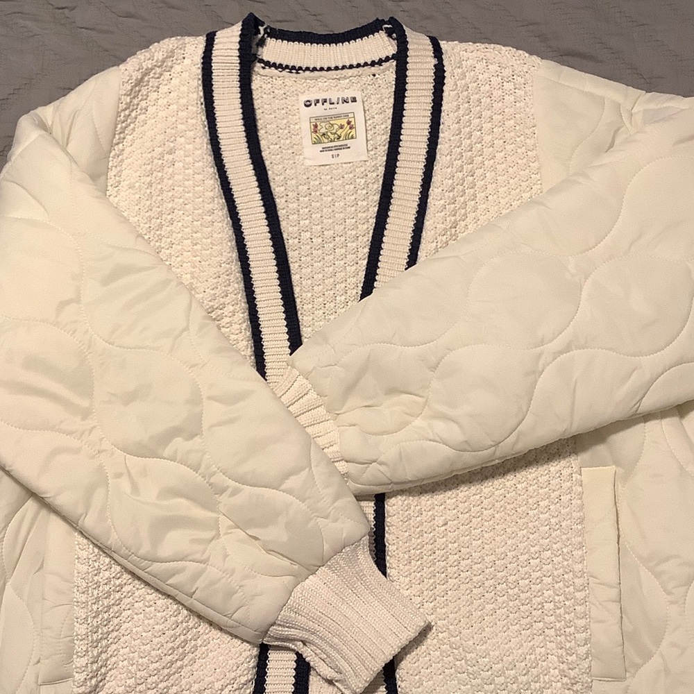 aerie Cream Quilted Sleeve Knit Cardigan with Navy Trim